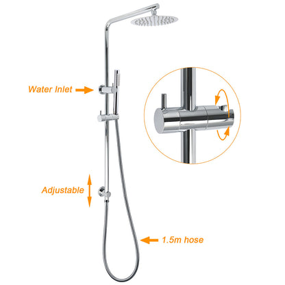 WELS Bathroom Round 8" Rain Shower Head Single Mode Brass Handheld Spray Rail Arm Set Twin Taps