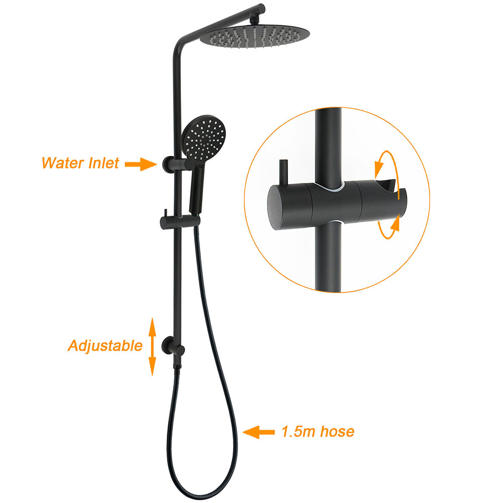 Matt Black 10" Shower Rain Head Handheld Silde Wall Arm Rail Dual Bath Set