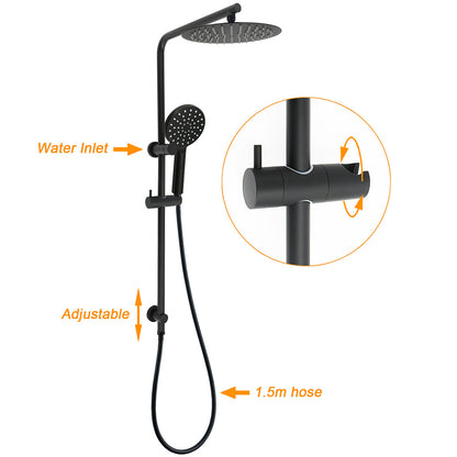 WELS Matt Black 10" Shower Rain Head Handheld Silde Wall Arm Rail Dual Set Mixer