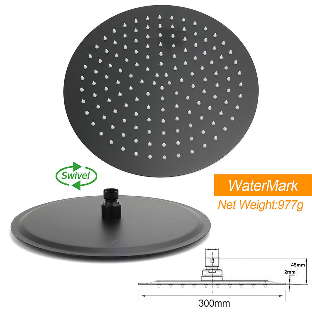 Matt Black Shower Set 12" Large Rain Head Handheld Sliding Rail Arm Round WELS