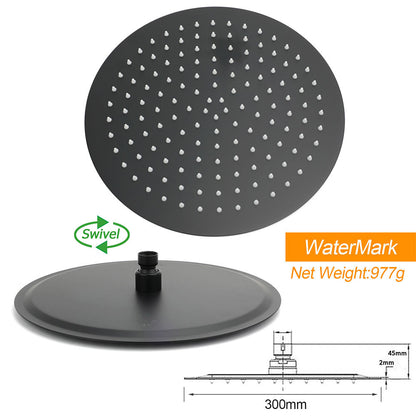 Matt Black Shower Set 12" Large Rain Head Handheld Sliding Rail Arm Round WELS