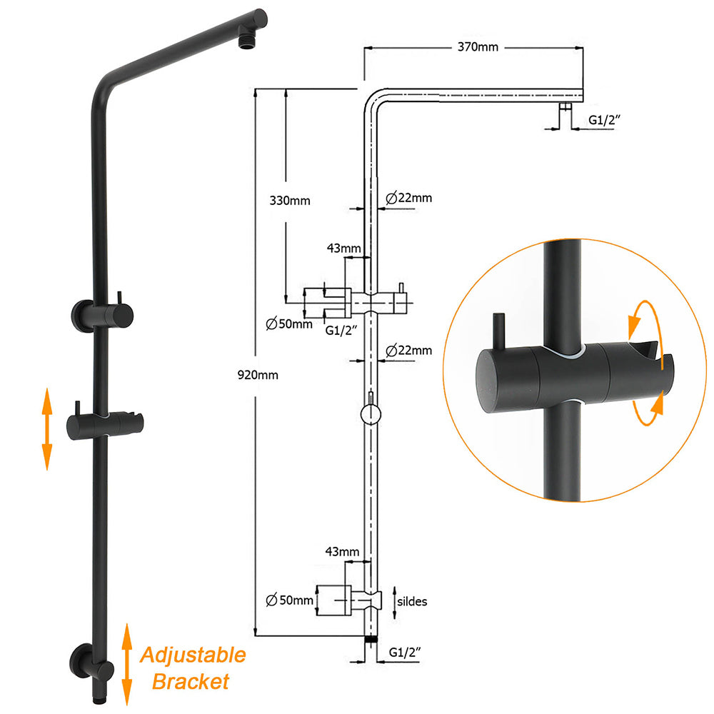Matt Black Round 8" Rain Shower Head 3 Mode Handheld 2 in 1 Wall Arm Set