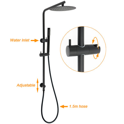 Matt Black Round 250mm Rain Shower Head Brass Handheld Slide Rail Riser Arm Set