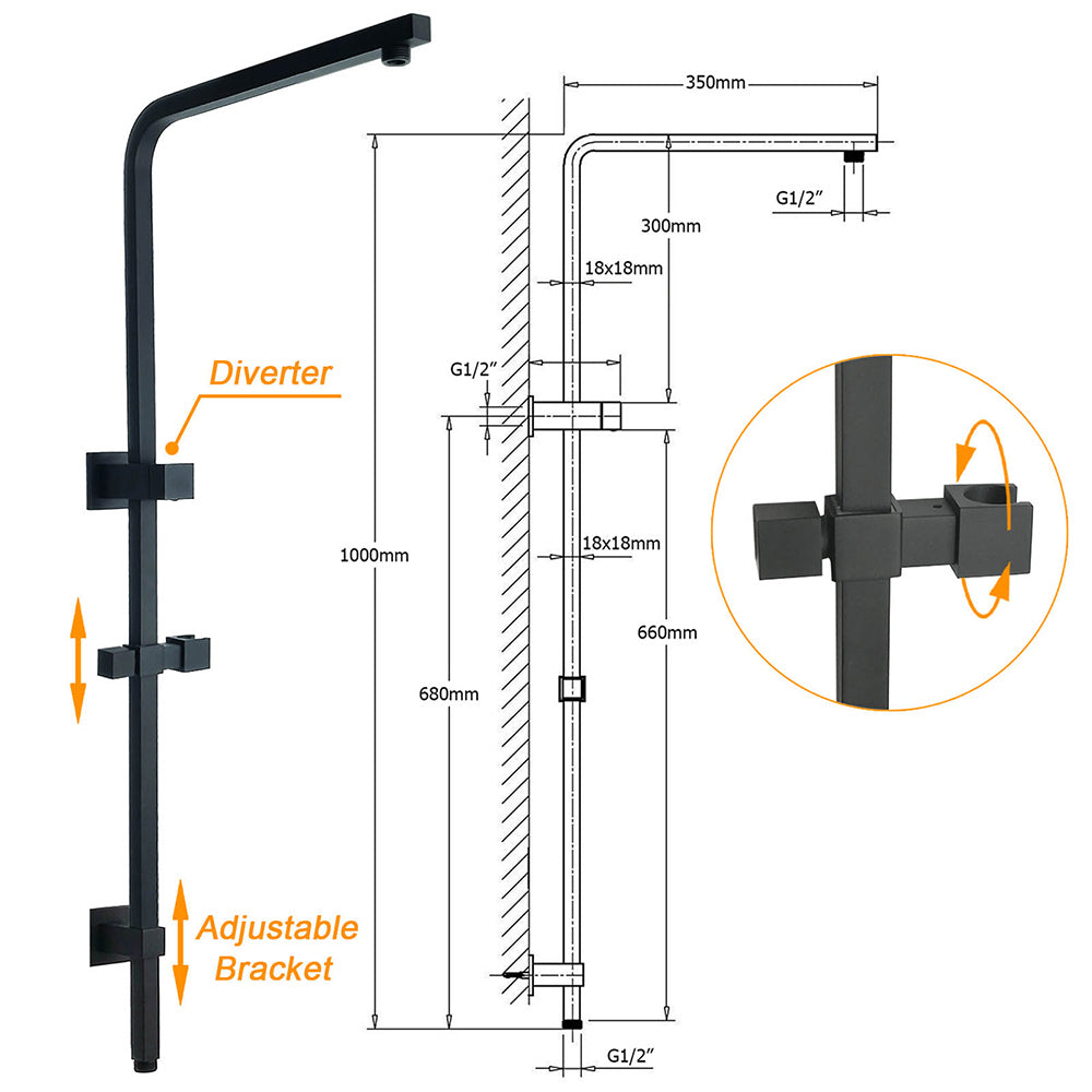 WELS Matt Black 8" Rainfall Shower Head 3 Modes Handheld Wall Rail Arm 2in1 Taps Set
