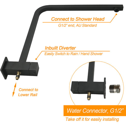 WELS Matt Black 8" Rainfall Shower Head 3 Modes Handheld Wall Rail Arm 2in1 Taps Set