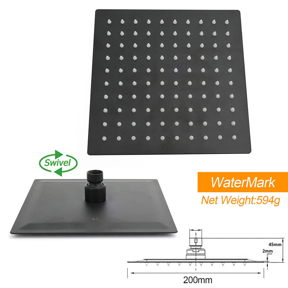 WELS Matt Black 8" Rainfall Shower Head 3 Modes Handheld Wall Rail Arm 2in1 Taps Set