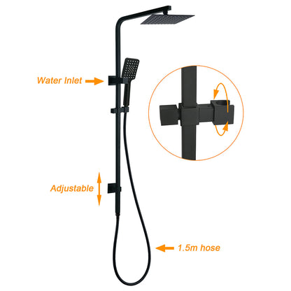 WELS Matt Black 8" Rainfall Shower Head 3 Modes Handheld Wall Rail Arm 2in1 Mixer Set