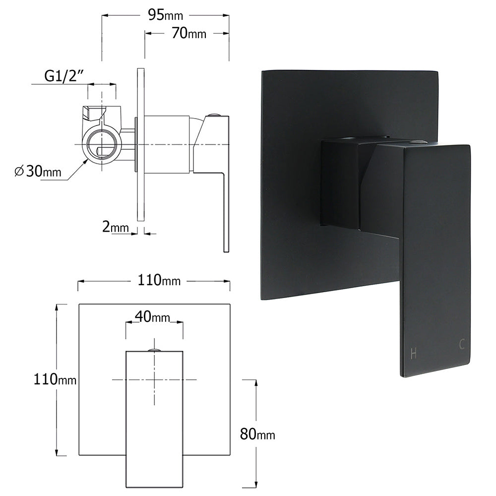 WELS Matt Black 8" Rainfall Shower Head 3 Modes Handheld Wall Rail Arm 2in1 Mixer Set