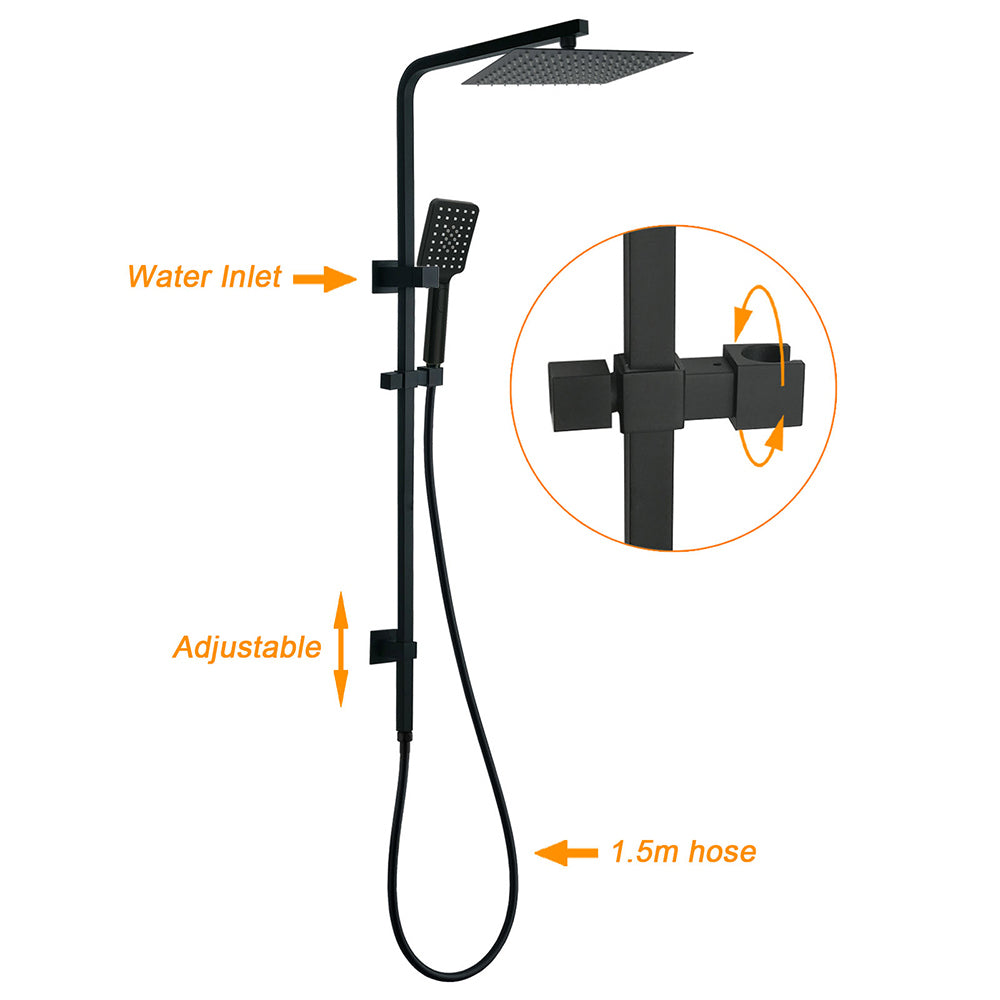 Matt Black Twin Shower Set Square 10" Rain Head 3 Modes Handheld Wall Arm Rail