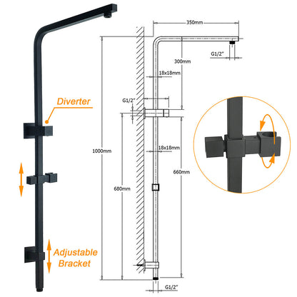 Matt Black Twin Shower Set Square 10" Rain Head 3 Modes Handheld Wall Arm Rail