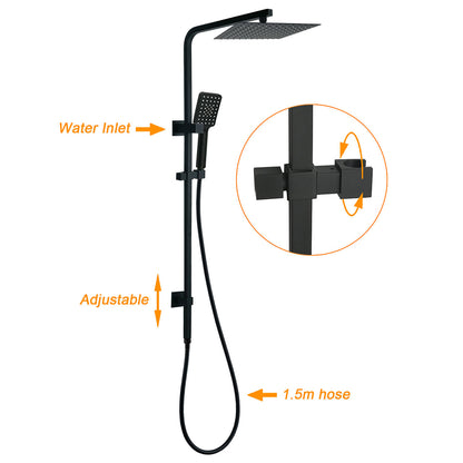 Matt Black Twin Shower Set Square 10" Rain Head 3 Modes Handheld Wall Arm Rail + Mixer