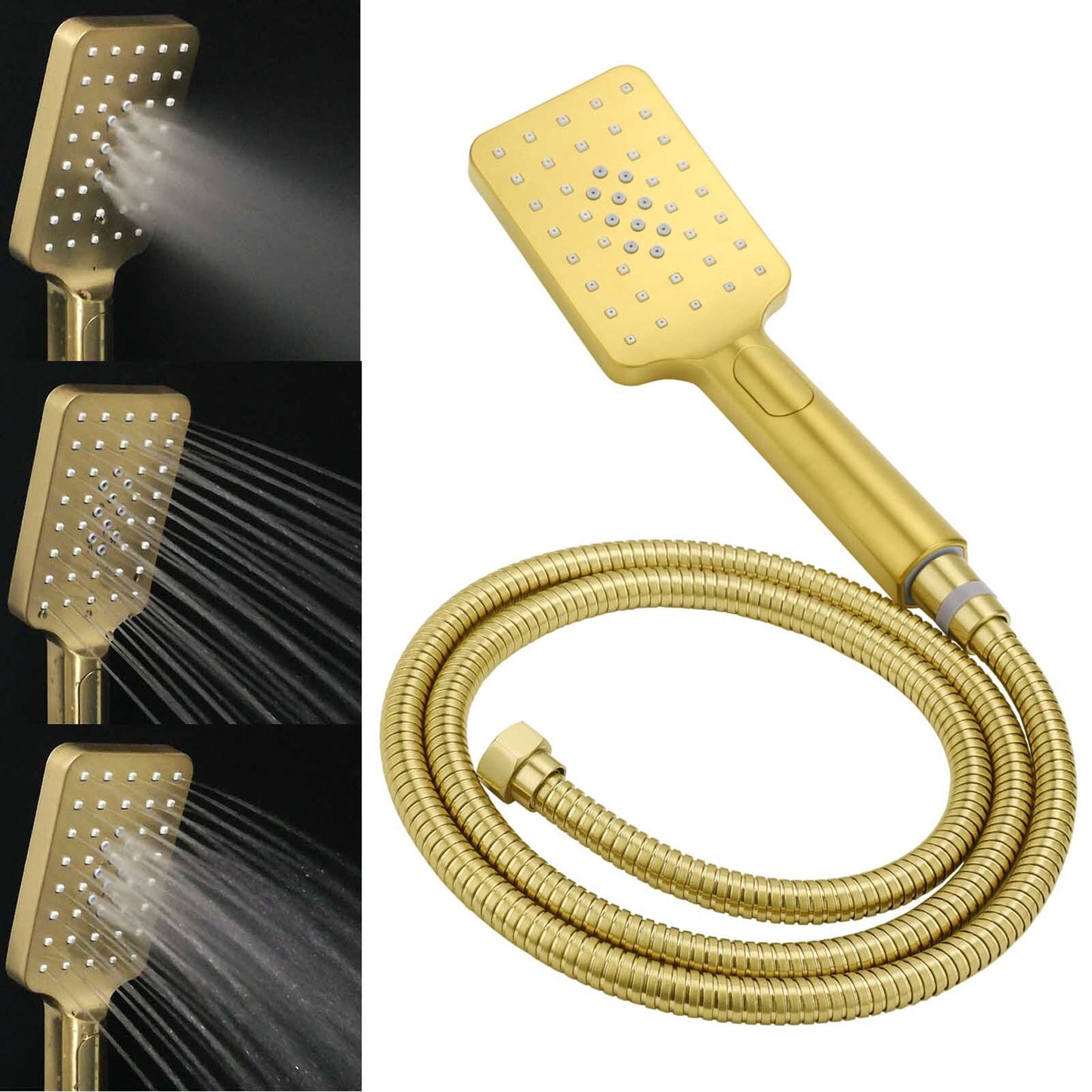 WELS Brushed Gold Square Shower 10" Thin Rain Head Handheld Silde Rail Arm 2in1 Taps Set