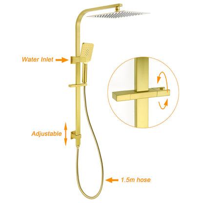 WELS Brushed Gold Square Shower 12" Large Rain Head Handheld Silde Rail Arm 2in1 Set