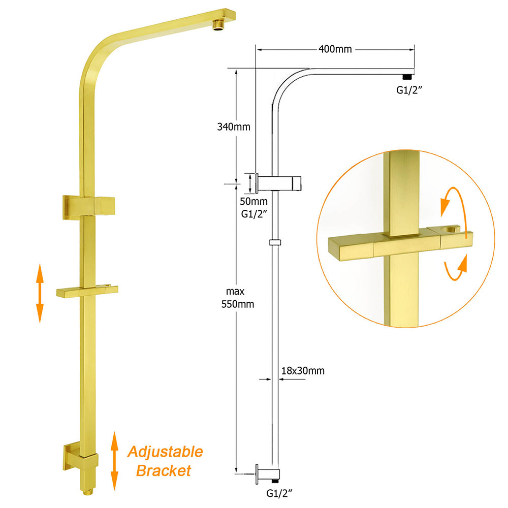 Brushed Gold Square Dual Shower 12" Large Rain Head Handheld Silde Rail Arm 2in1 Set + Mixer