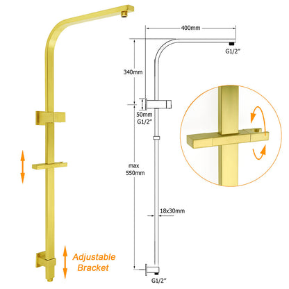Brushed Gold Square Dual Shower 12" Large Rain Head Handheld Silde Rail Arm 2in1 Set + Mixer