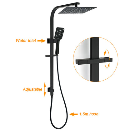 WELS Matt Black Dual Shower Set 10" Square Rain Head Handheld Silde Rail Arm Kit