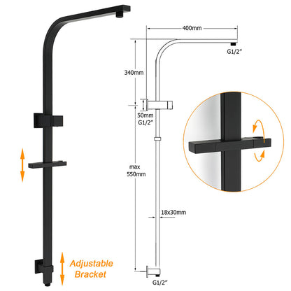WELS Matt Black Dual Shower Set 10" Square Rain Head Handheld Silde Rail Arm Kit