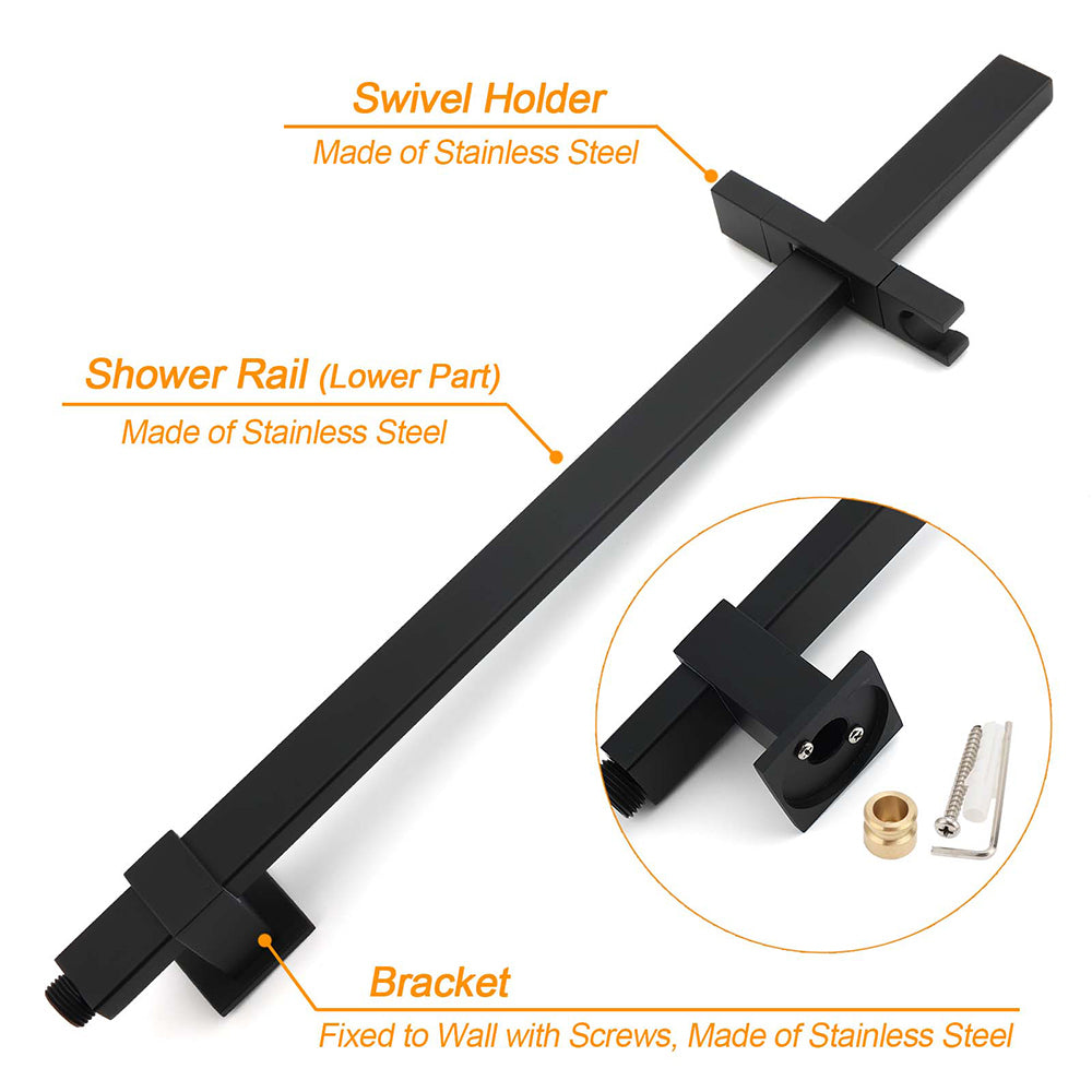 WELS Matt Black Dual Shower Set 10" Square Rain Head Handheld Silde Rail Arm Kit