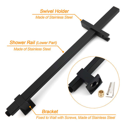 Matt Black Square 2in1 Shower 10" Rain Head 3 Modes Handheld Silde Rail Arm Set