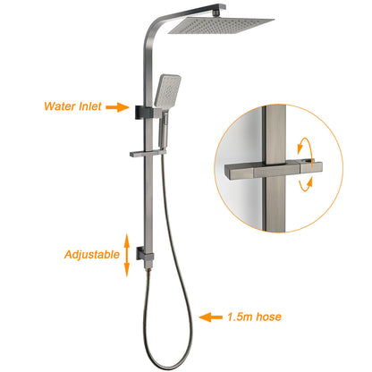 Gun Metal Double Square Shower Head Set 10" Rain Handheld Sliding Rail Diverter