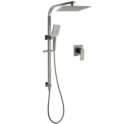 WELS Gun Metal Double Square Shower Head Set 10" Rain Handheld Sliding Rail Diverter Wall Mixer