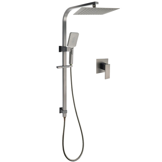 WELS Gun Metal Double Square Shower Head Set 10" Rain Handheld Sliding Rail Diverter Wall Mixer