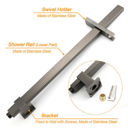 WELS Gun Metal Double Square Shower Head Set 10" Rain Handheld Sliding Rail Diverter Wall Mixer