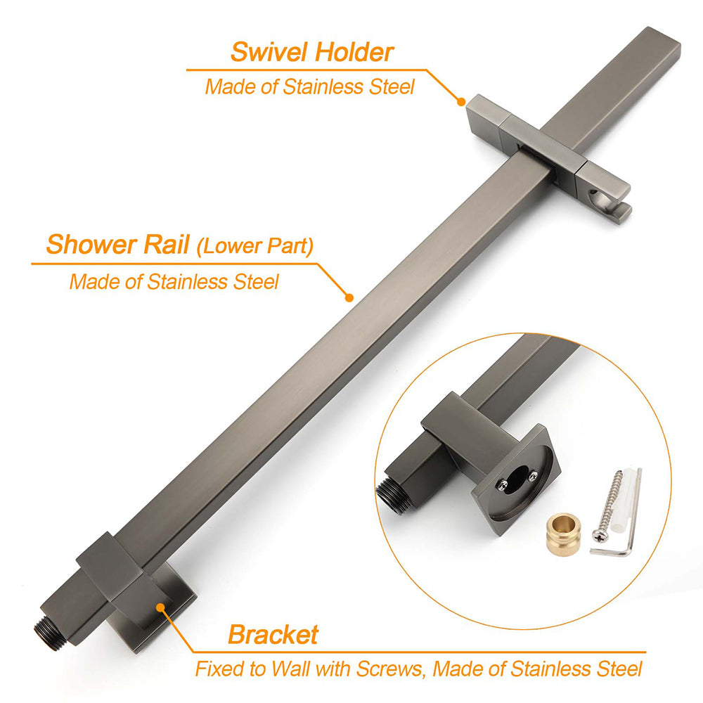 WELS Gun Metal Double Square Shower Head Set 12" Rain Handheld Sliding Rail 2 Way Switch