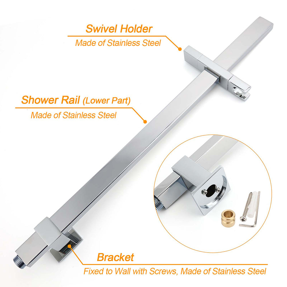 WELS Twin Square Shower Set 8" Rain Shower Head 3 Function Handheld Rail Arm Combo