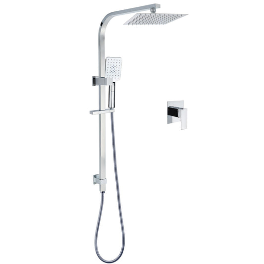 Chrome Twin Square Shower Set 8" Rain Shower Head 3 Function Handheld Rail Arm Mixer