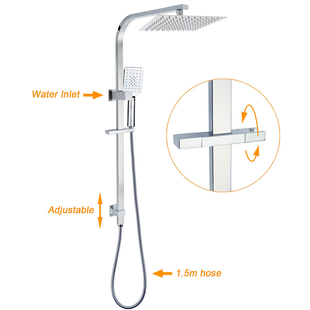 WELS Chrome 8" Dual Square Shower Set Rain Head 3 Modes Handheld Sliding Rail