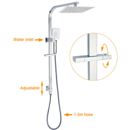 WELS Chrome 8" Dual Square Shower Set Rain Head 3 Modes Handheld Sliding Rail