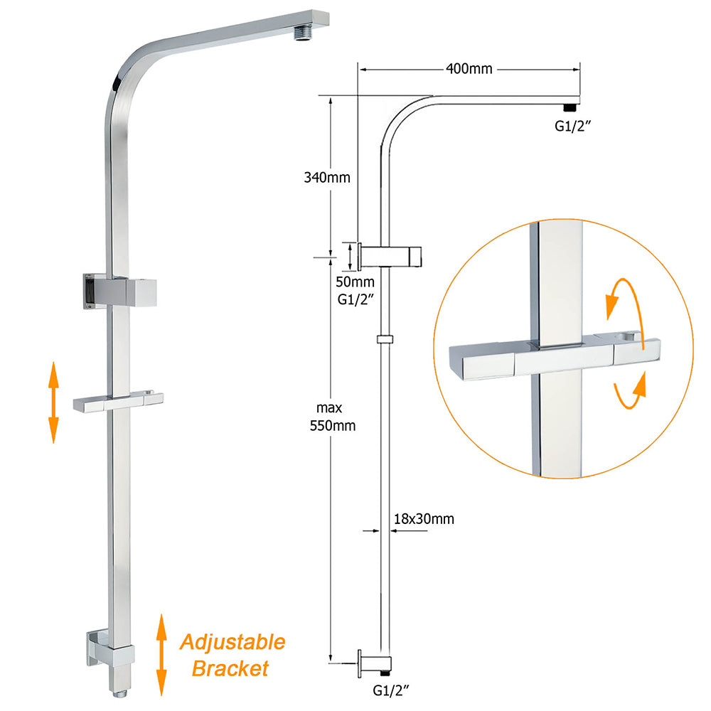 Chrome Twin Square Shower Set 12" Rain Shower Head 3 Function Handheld Rail Arm Taps