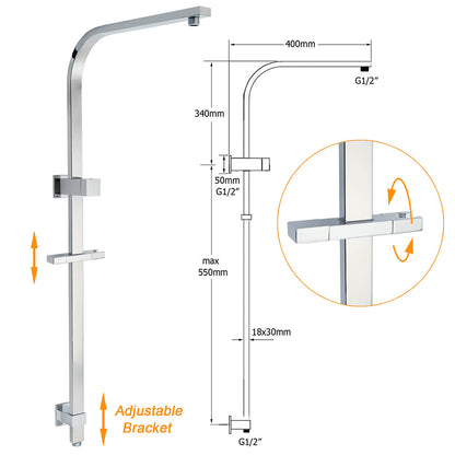 WELS Twin Square Shower Set 16" Rain Shower Head 3 Function Handheld Rail Arm Taps