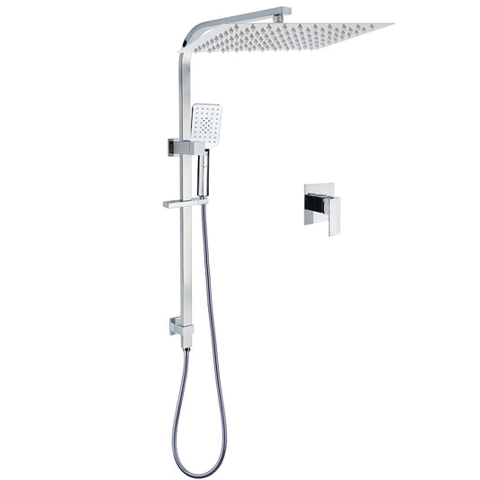 Chrome Dual Square Shower Set 16" Rain Shower Head 3 Function Handheld Rail Arm Mixer