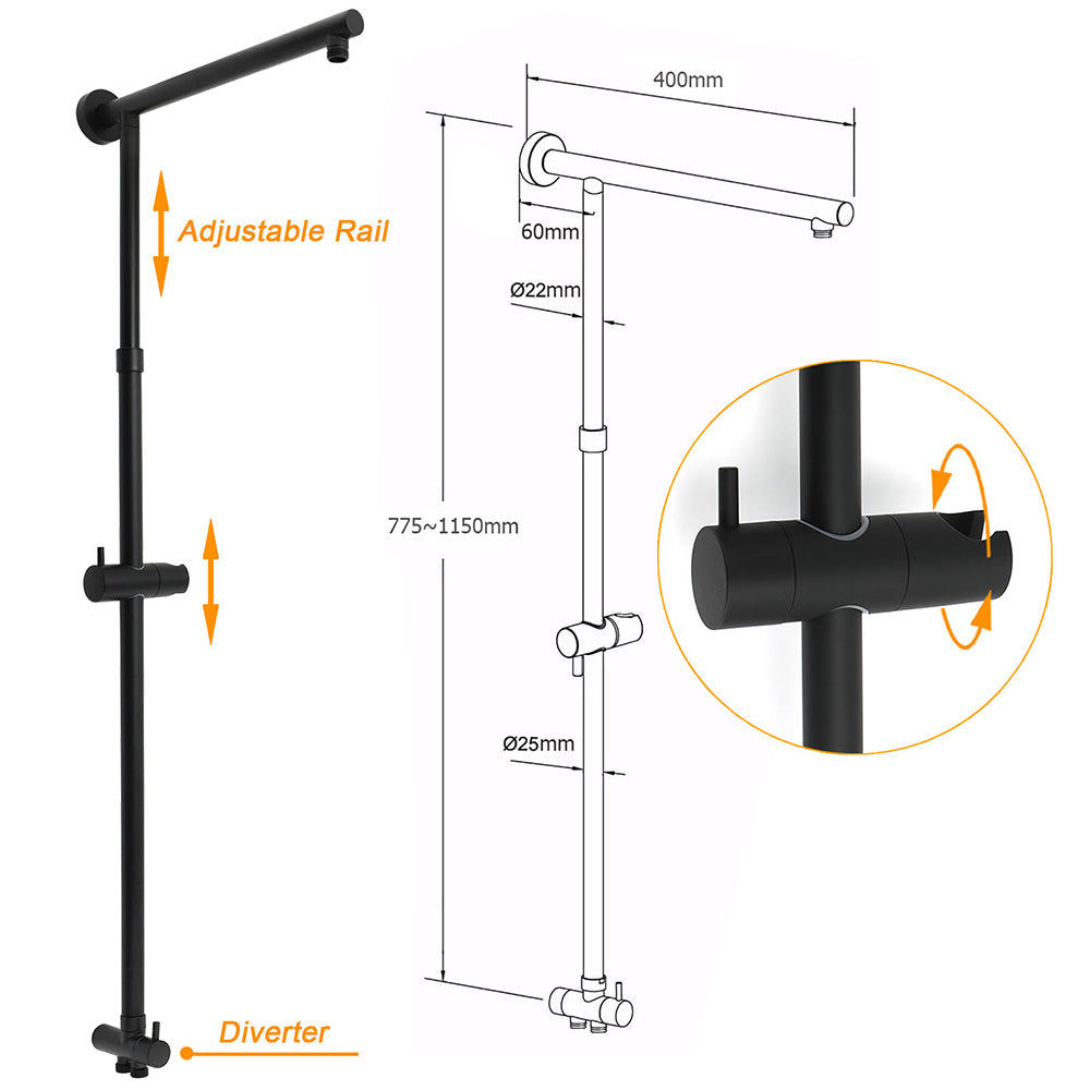 Matt Black Dual Round Shower Set 10" Rain Head 3 Mode Handheld Sliding Rail Arm Diverter