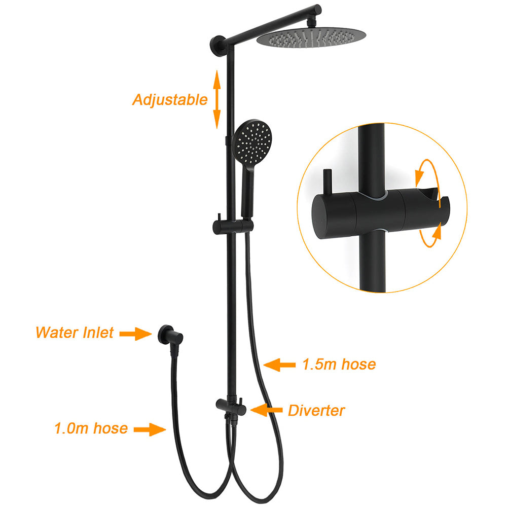 Matt Black 2in1 Round Shower 10" Rain Head 3 Mode Handheld Sliding Rail Diverter Mixer Set