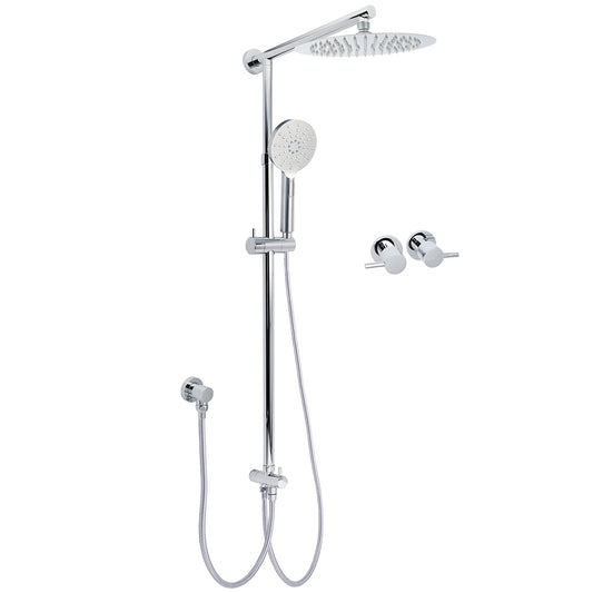 Chrome 10" Round Rain Handheld Twin Shower Head Arm Sliding Rail Arm Double Taps