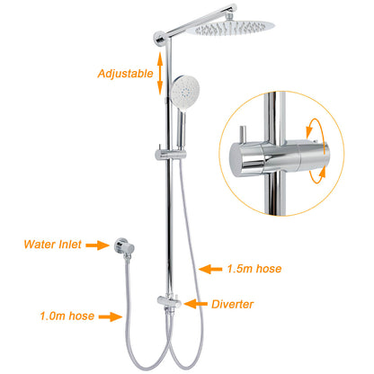 Chrome 10" Round Rain Handheld Daul Shower Head Arm Sliding Rail Wall Mounted Mixer