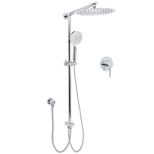 WELS Round 12" Rain Dual Shower Head 3 Modes Handheld Wall Rail Chrome Mixer Valve Set