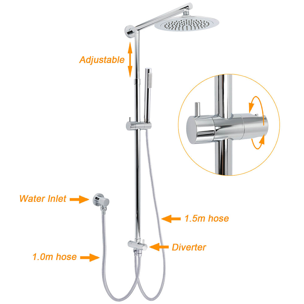 WELS Chrome 9" Rainfall Dual Shower Head & Handheld Sliding Rail Wall Arm Round Set