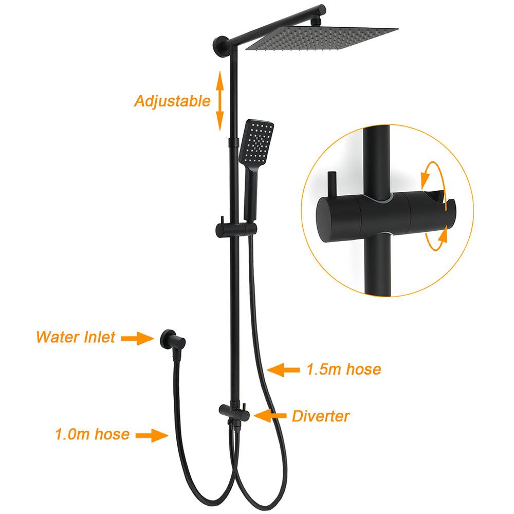 WELS Matt Black 2in1 Set Square 10" Shower Rain Head Handheld Adjustable Silde Rail