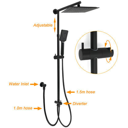 WELS Matt Black 2in1 Square 10" Rain Shower Head 3 Mode Handheld Adjustable Rail Set + Mixer
