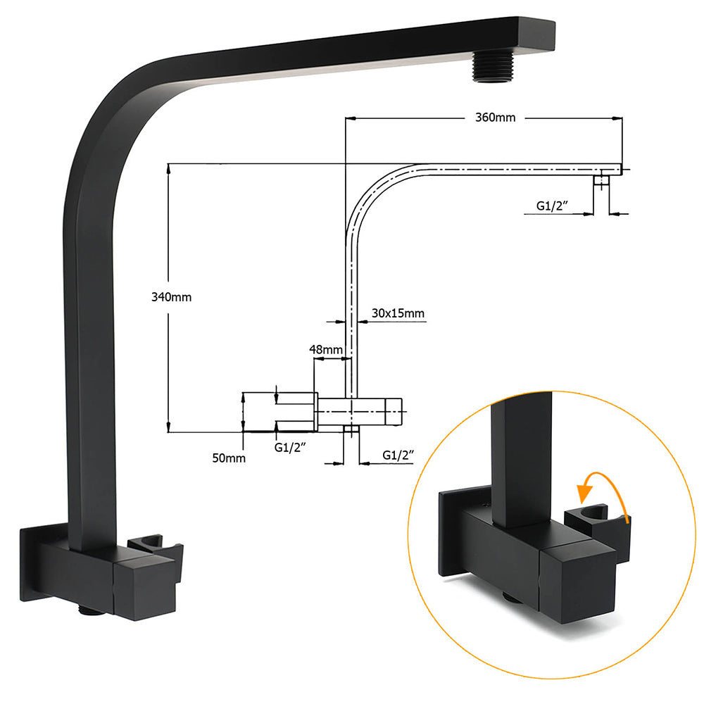 WELS Matt Black 10" Rain Shower Head 3 Mode Handheld Gooseneck Arm Diverter 2in1 Set Mixer