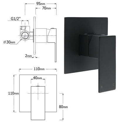 WELS Matt Black 10" Rain Shower Head 3 Mode Handheld Gooseneck Arm Diverter 2in1 Set Mixer
