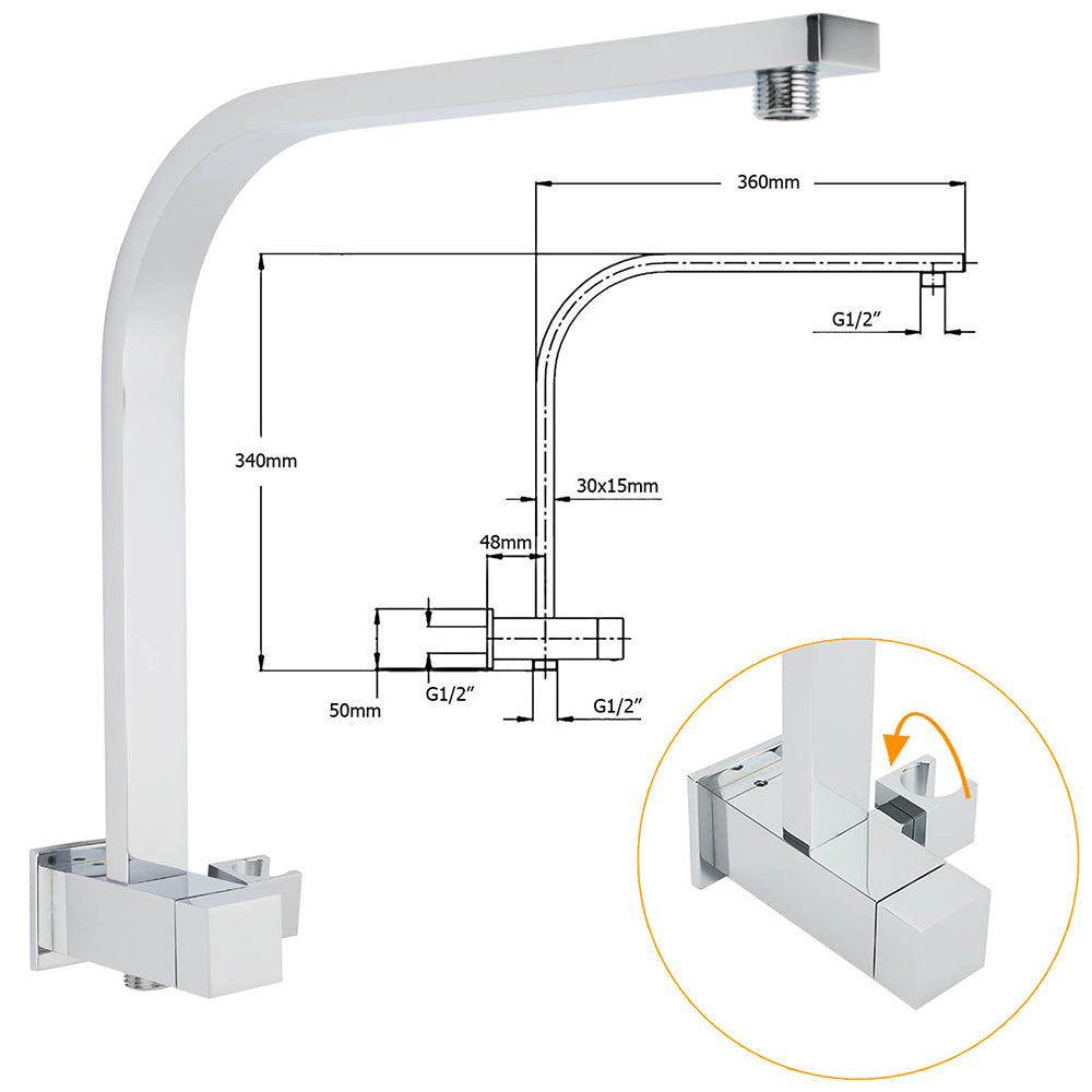 Chrome Square Twin Rain Shower 8" Head 3 Mode Handheld Diverter Wall Arm Set