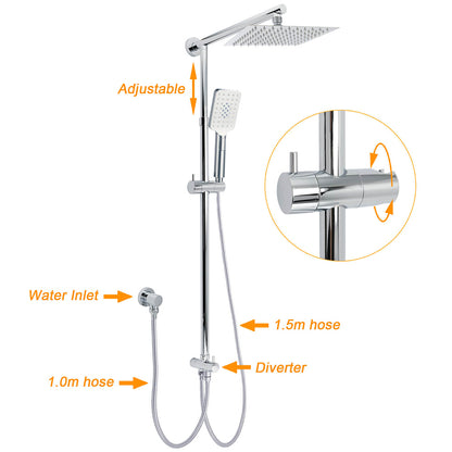 Square 8" Rain Shower Head 3 Mode Handheld Sliding Rail Arm Twin Set Diverter Mixer