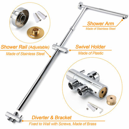 WELS Chrome Square 10" Rain Shower Head 3 Function Handheld Sliding Rail Wall Arm Set