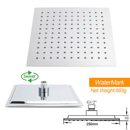 WELS Chrome Square 10" Rain Shower Head 3 Function Handheld Sliding Rail Wall Arm Set