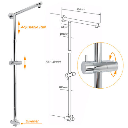 WELS Chrome Square 10" Rain Shower Head 3 Mode Handheld Sliding Rail Wall Arm With Mixer